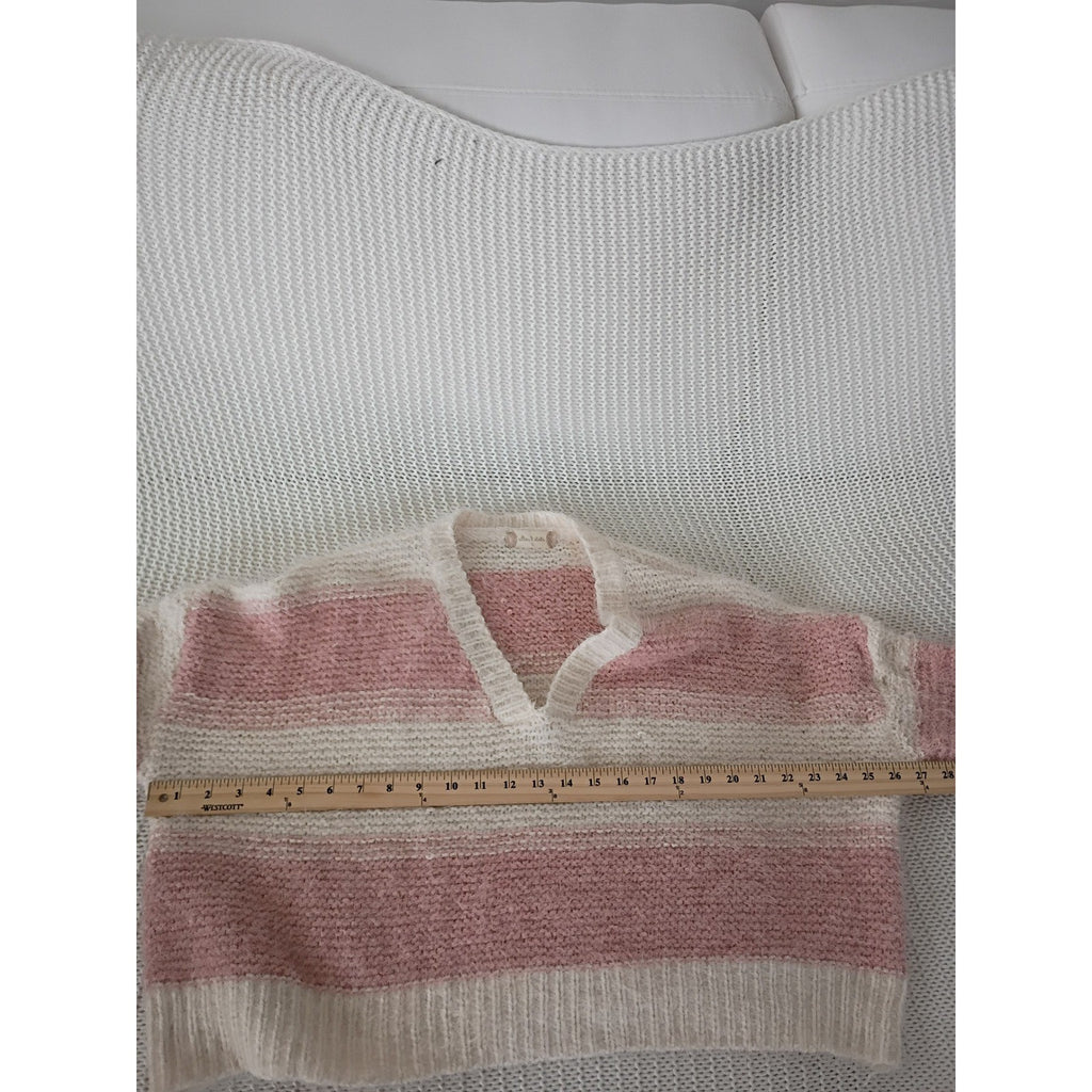 Altar'd State Sweater S M Pink Cream Striped Fuzzy Eyelash Knit Cropped V-Neck