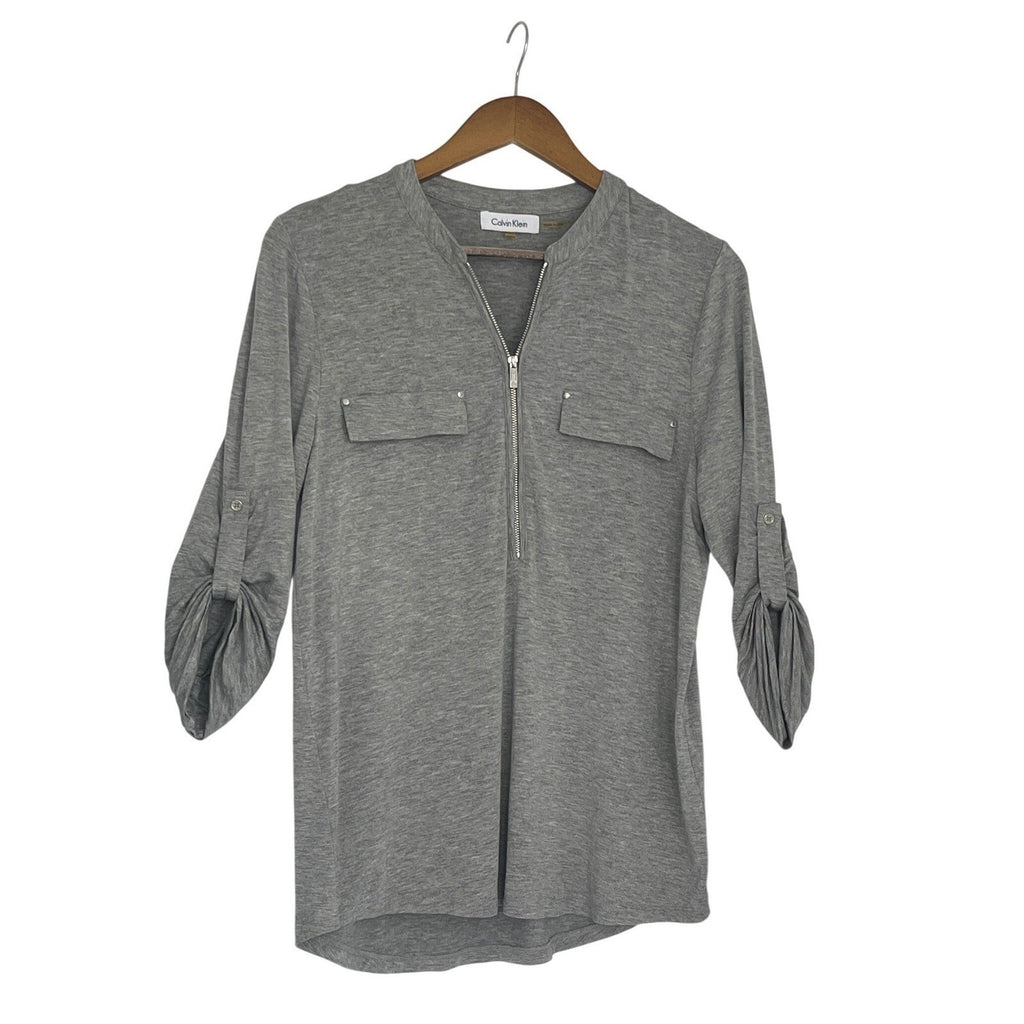 Calvin Klein Gray Zip Up Long Sleeve Shirt Sporty Athleisure Minimalist M