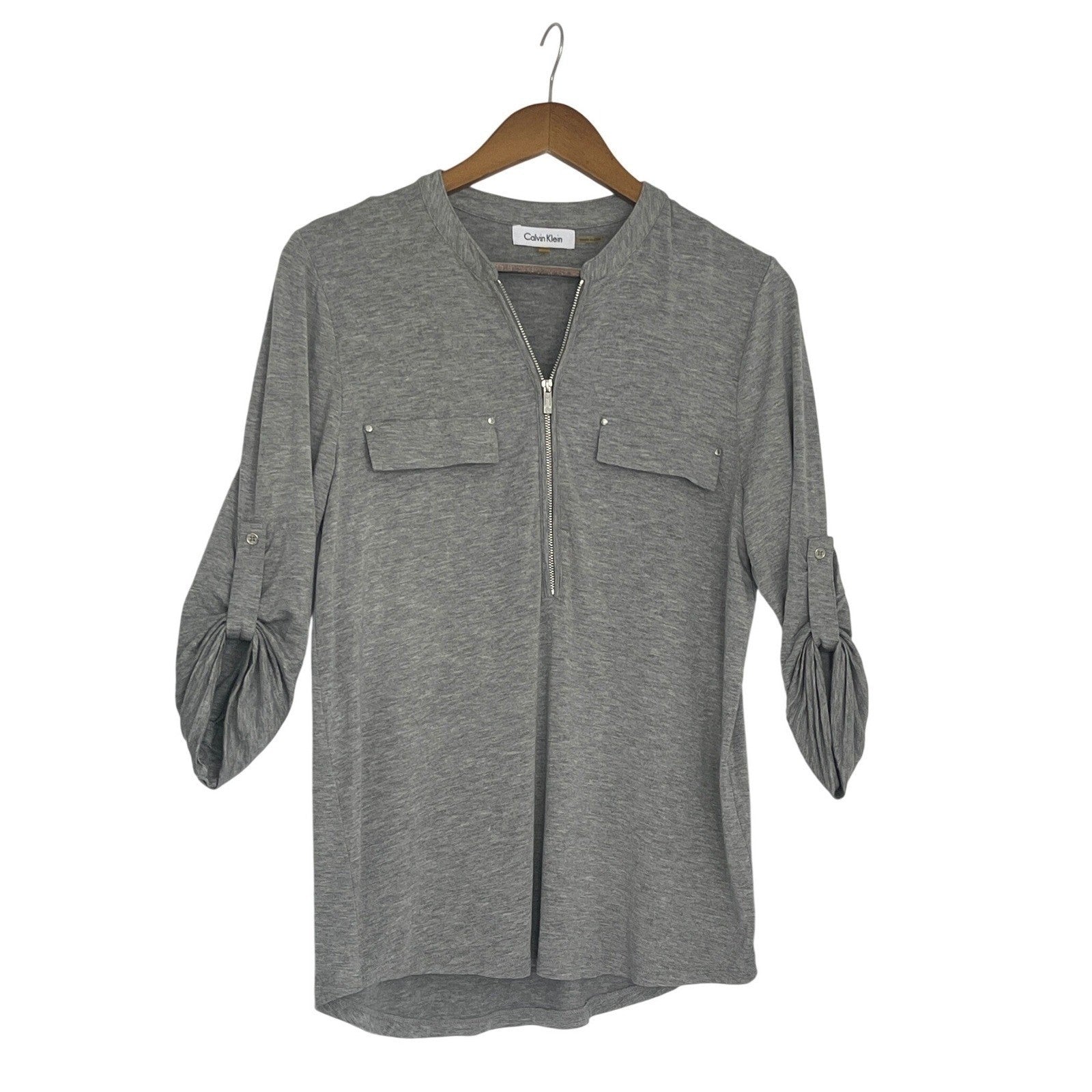 Calvin Klein Gray Zip Up Long Sleeve Shirt Sporty Athleisure Minimalist M