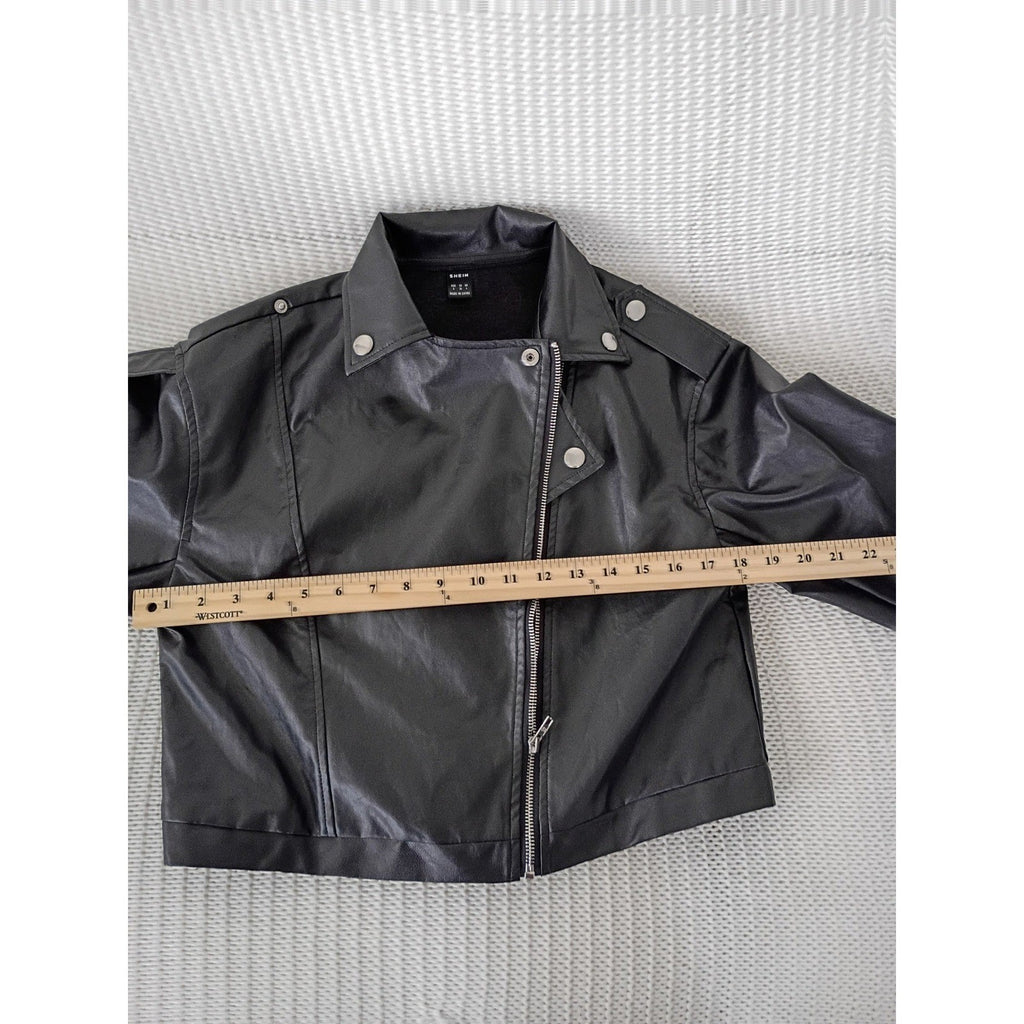 SHEIN Moto Jacket S Black Faux Leather Asymmetrical Zip Biker Goth Luxe Coat