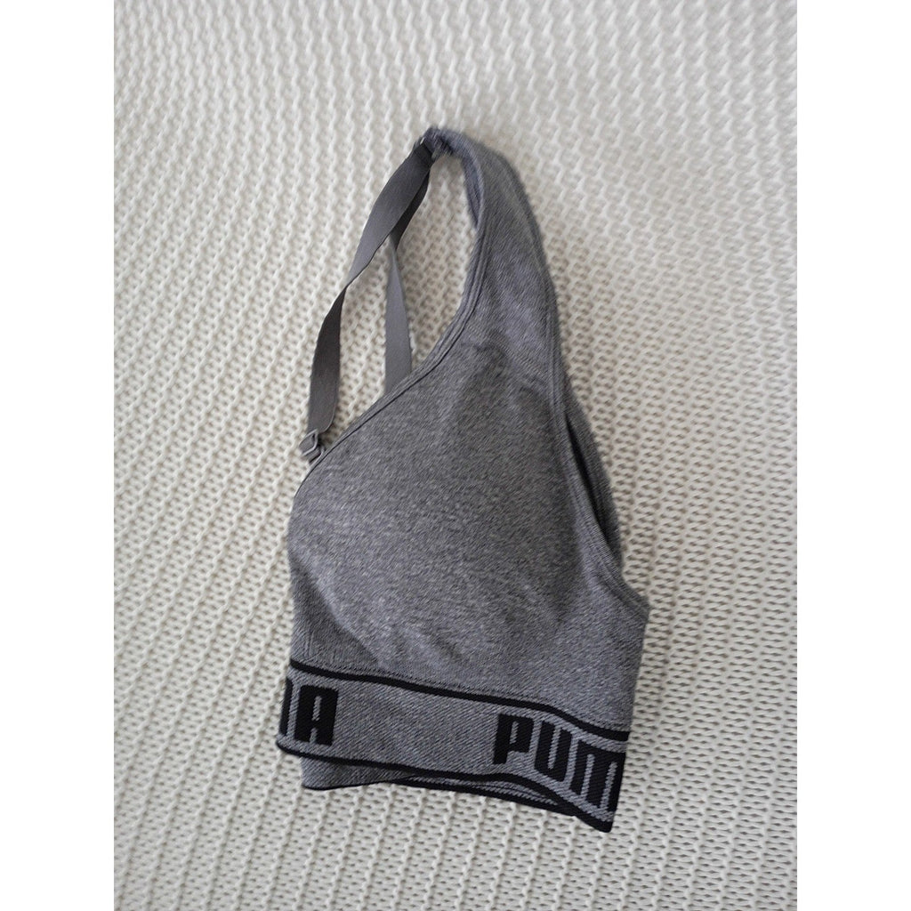 Puma Heather Grey Seamless Cross Back Sports Bra Logo Band Adjustable Small S