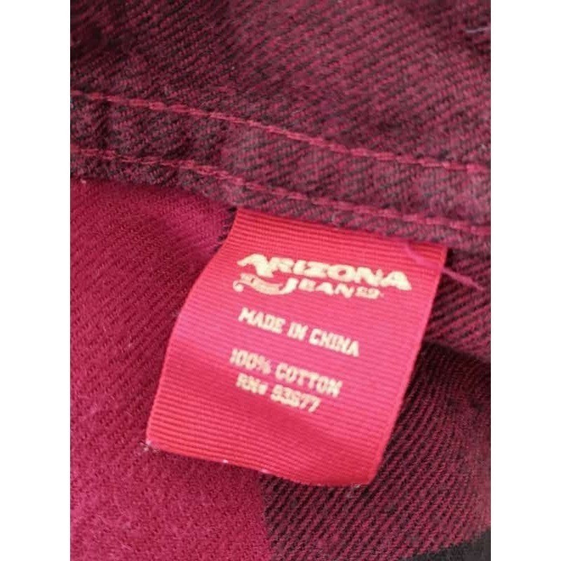 Arizona Jean Co 100% Cotton Flannel Shirt Buffalo Plaid Burgundy Blck Long Slv M