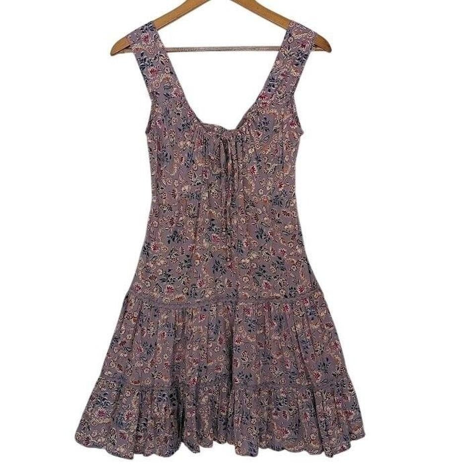 Coquette Lavender Floral Tie Front Mini Dress Cottagecore Tiered Summer Dress