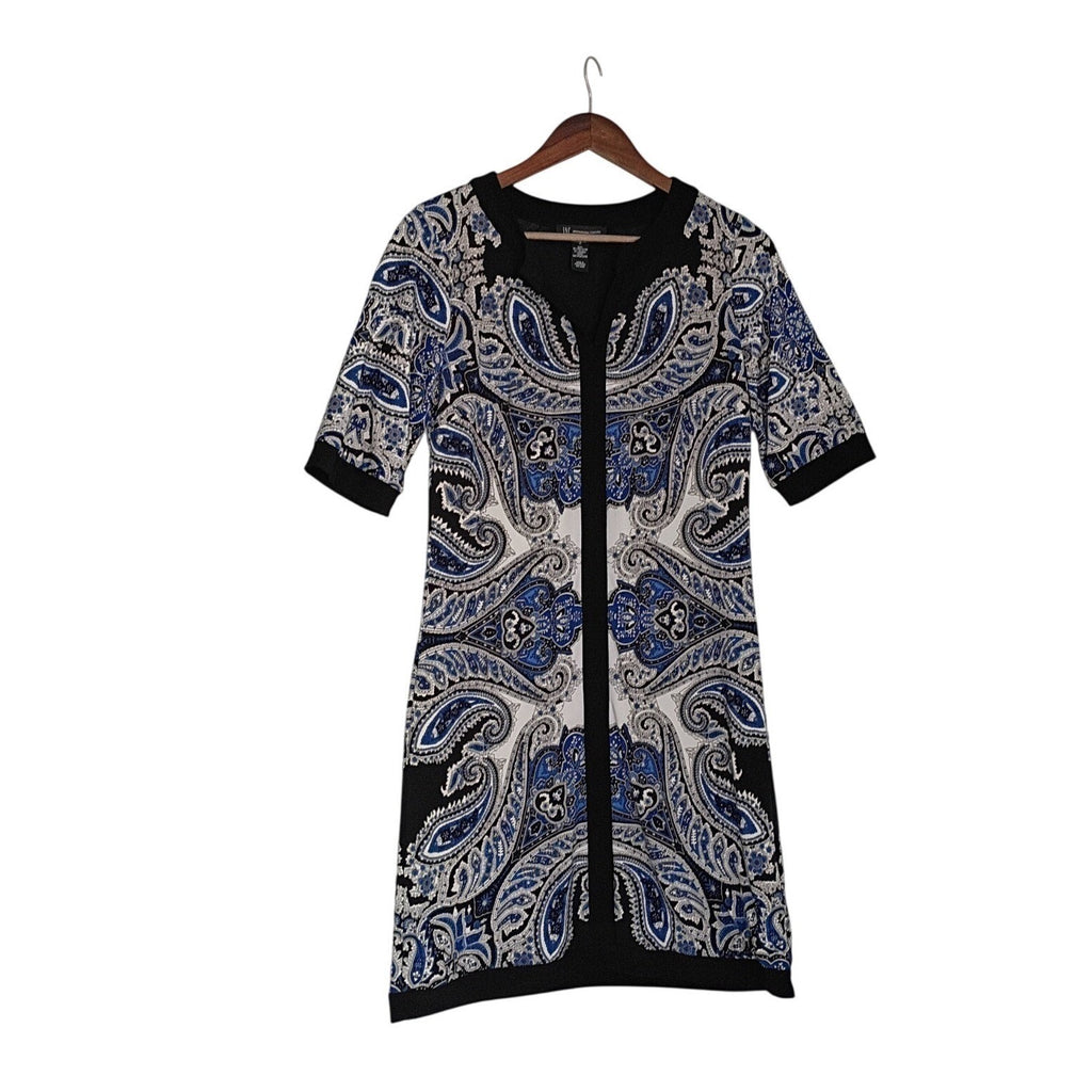INC International Concepts Paisley Print Zipper Front Dress Womens M Blue Black