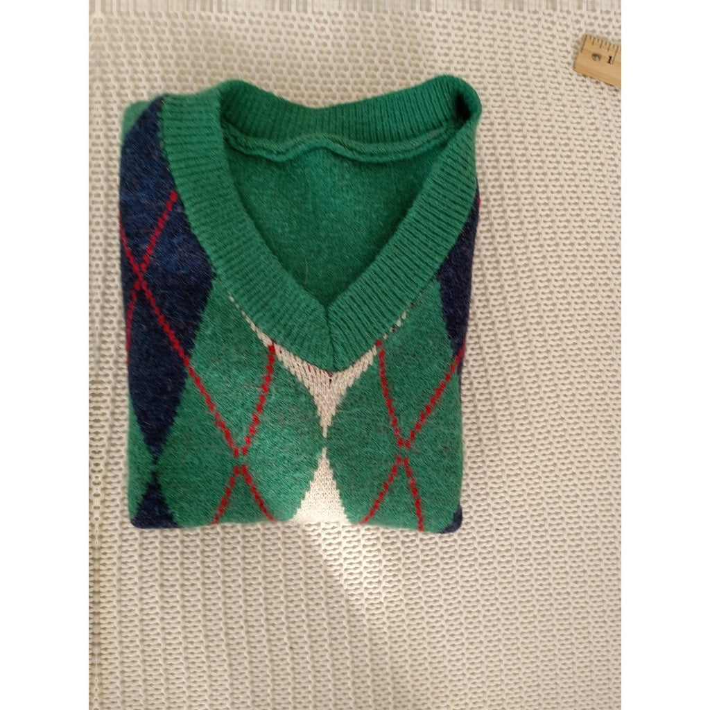 Vintage Argyle Sweater Vest Green Navy V-Neck Sleeveless Knit Preppy Academic