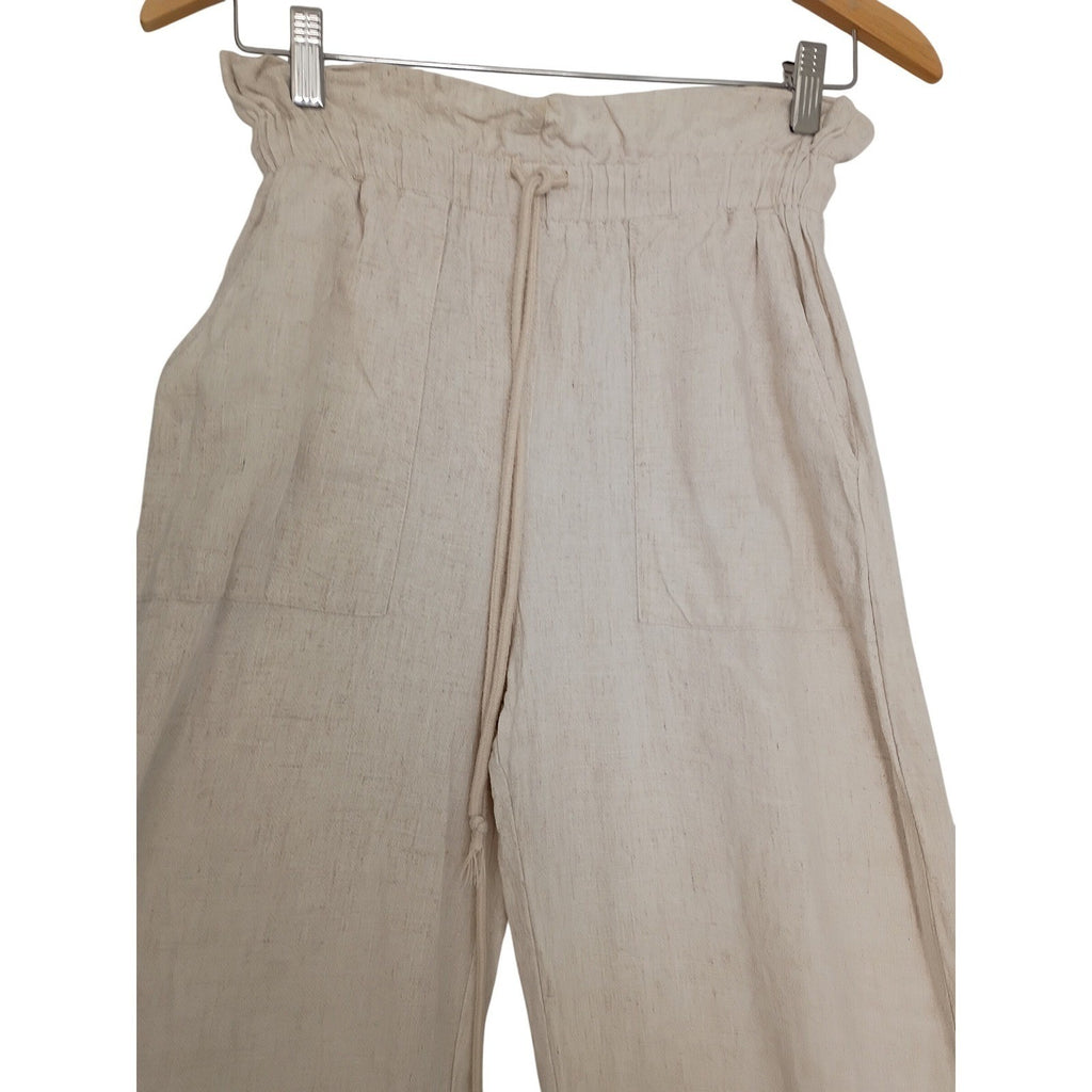 Linen Blend Wide Leg Pants Beige Paperbag Waist Drawstring Casual Comfort