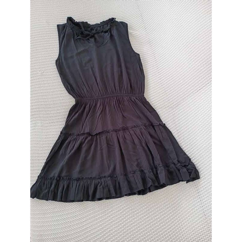 Insulation 100% Cotton Tiered Mini Dress M Black Ruffle Tie Neck Boho Dainty LBD