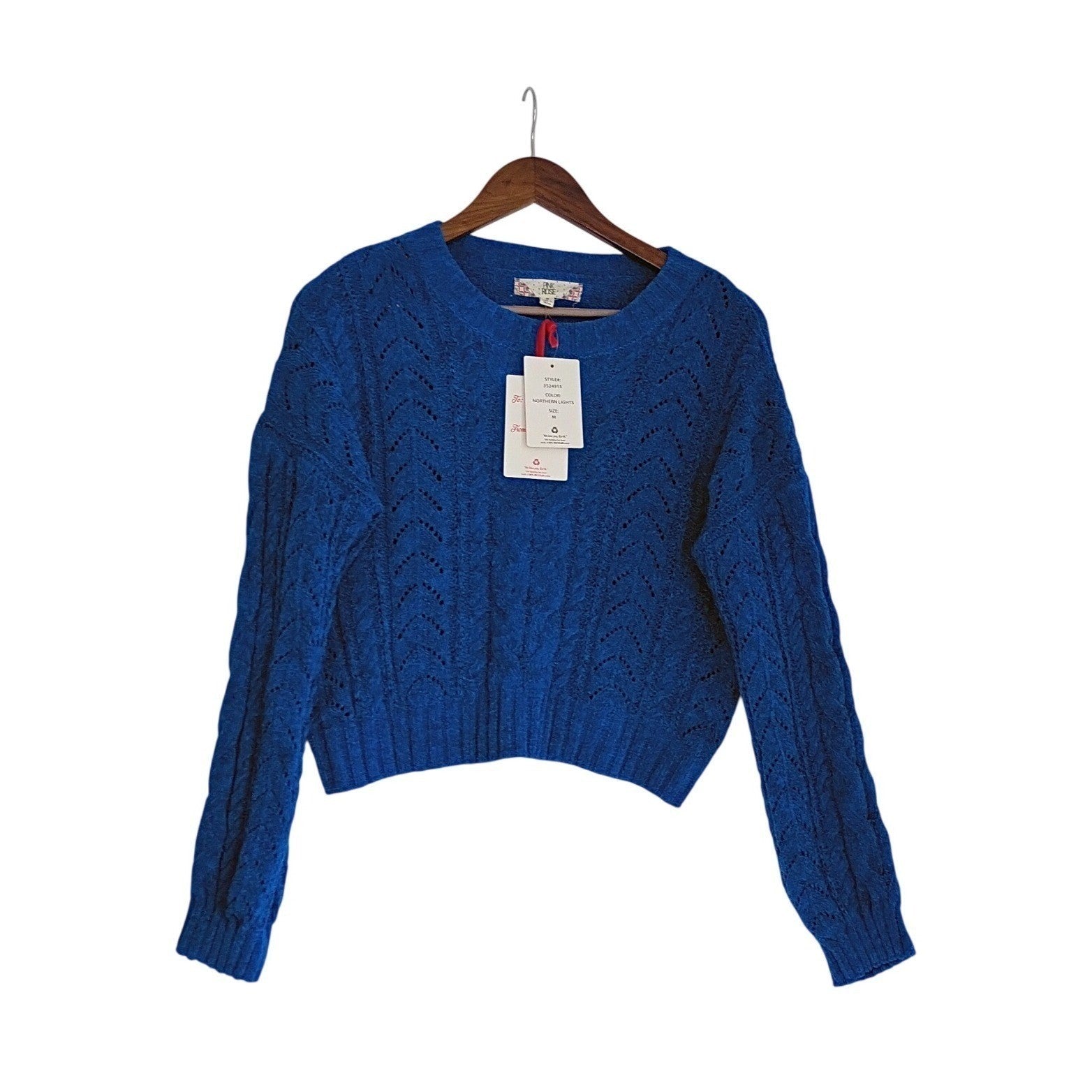 Pink Rose NWT Vibrant Stylish Cropped Knit Sweater Blue Cable Texture M