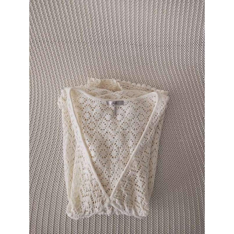 Metro 7  100% Cotton M/L White Crochet Knit Peplum V-Neck Top Short Sleeve