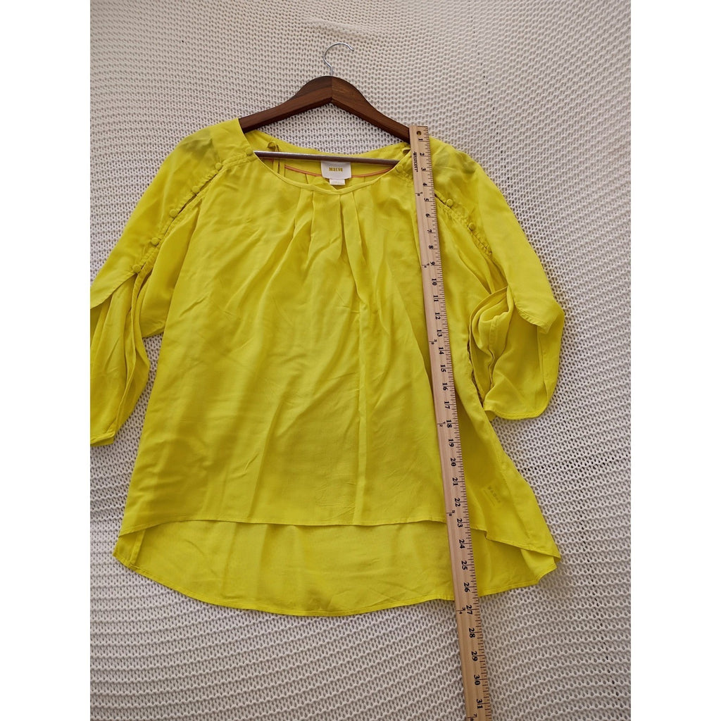 Maeve Anthropologie Citron Yellow Pleated Button Sleeve Rayon Blouse Fits S/M