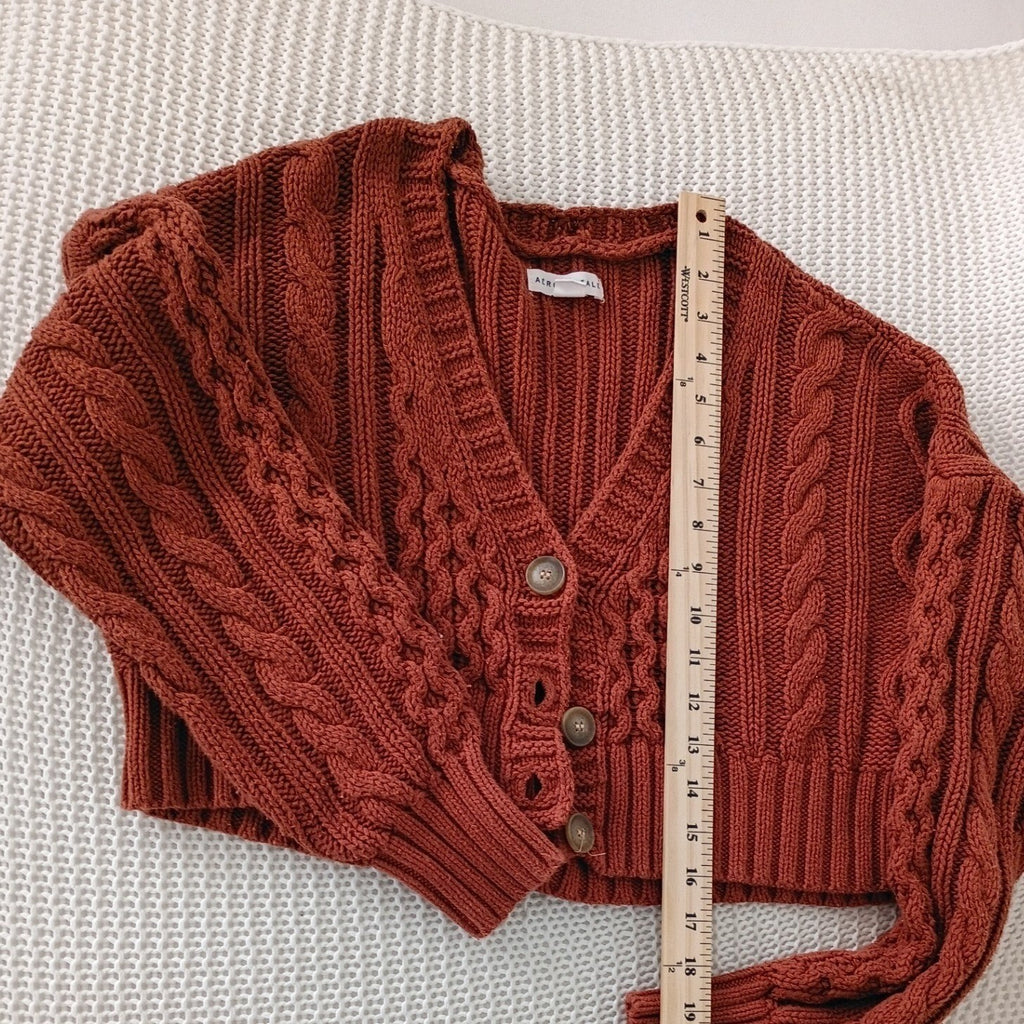 AEROPOSTALE Rust Cropped Cable Knit Cardigan Y2K Fairy Grunge Womens S