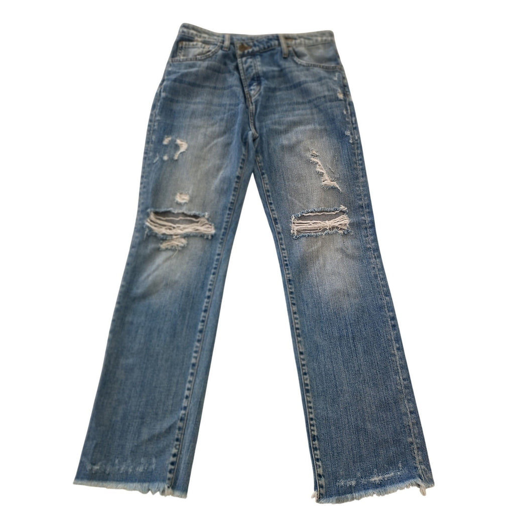 HYPEACH Distressed Boyfriend Jeans Blue Wash Straight Leg Frayed Hem 26/2x27