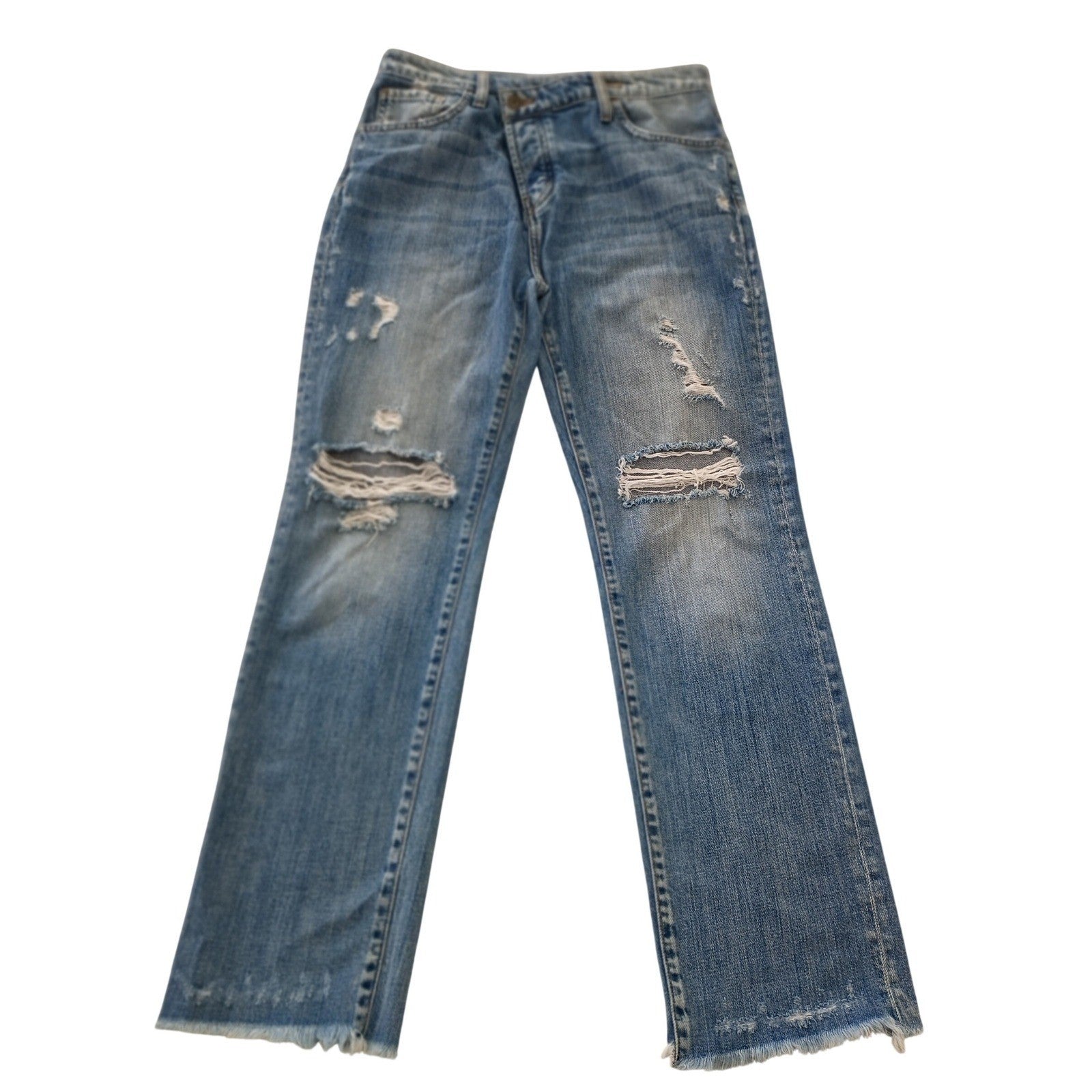 HYPEACH Distressed Boyfriend Jeans Blue Wash Straight Leg Frayed Hem 26/2x27