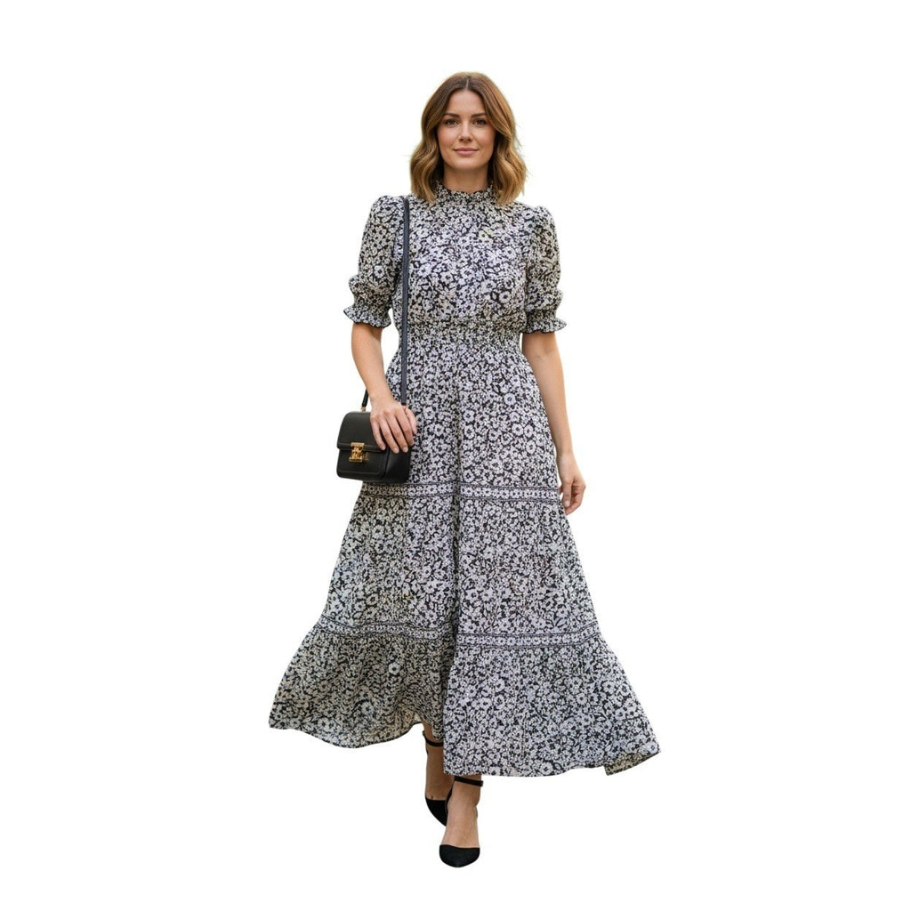 Max Studio London Black White Floral Smocked Waist Tiered Midi Dress Medium
