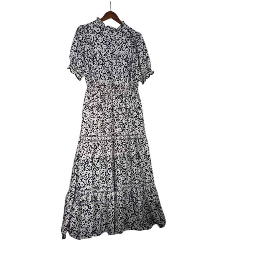 Max Studio London Black White Floral Smocked Waist Tiered Midi Dress Medium
