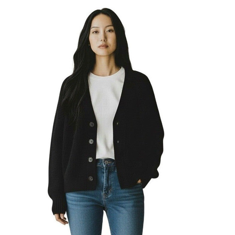 Old Navy Black Button Front Ribbed Cardigan S Cotton Wool Blend Minimalist