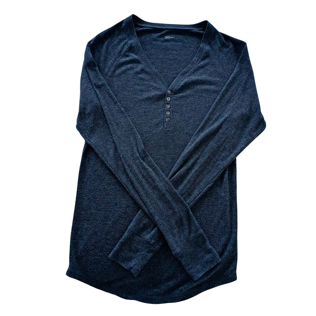 GapBody Charcoal Heather Henley V Neck Long Sleeve Top M Minimalist Loungewear