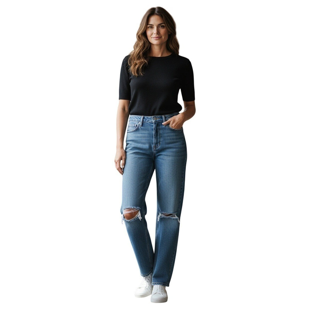 ZARA High Waist Straight Leg Distressed Blue Jeans 2 26x33 Tall 90s Grunge Y2K