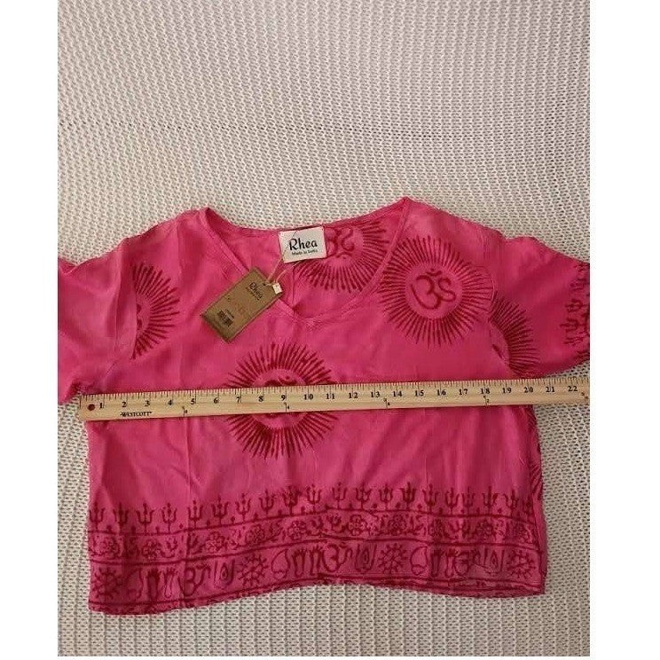 RHEA NWT Pink Mandala Block Print Crop Top S/M Boho Rayon Blouse Made In India