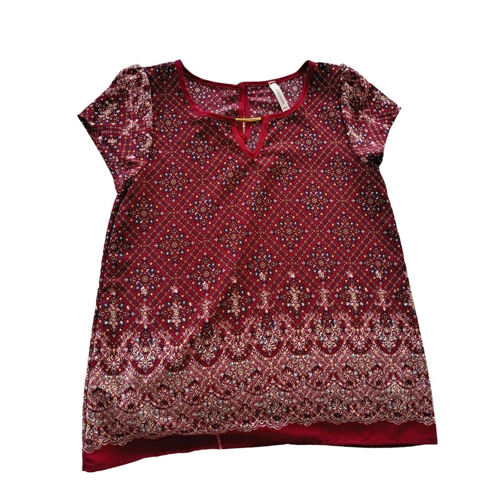 CHOCOLATE USA Red Geometric Print Keyhole Neck Blouse Top Small