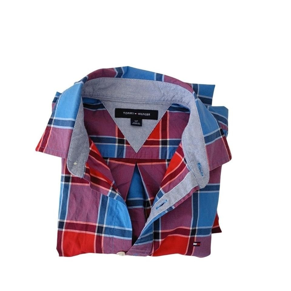 Tommy Hilfiger Plaid Button Down Shirt Men's S/P Blue Red Cotton Casual