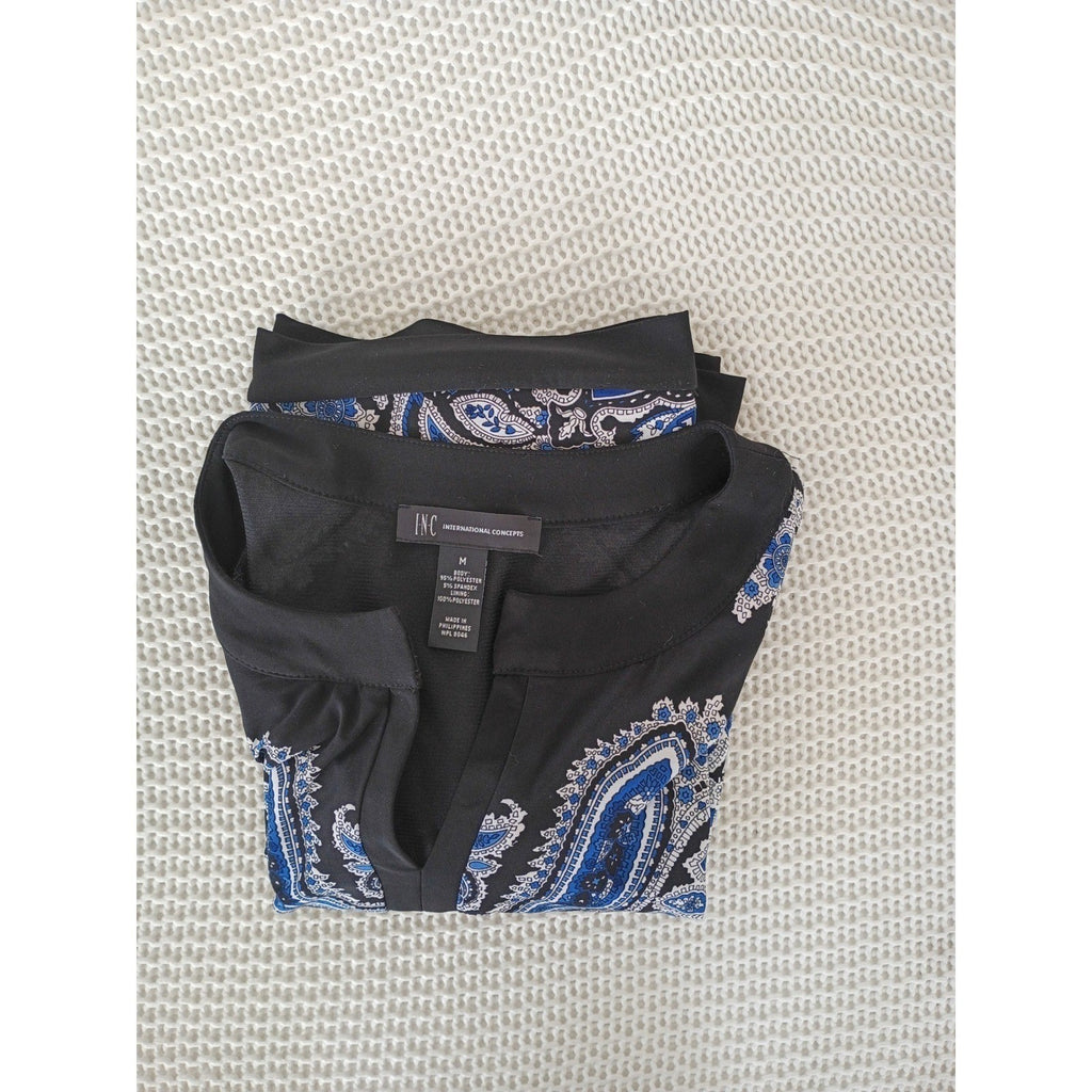 INC International Concepts Paisley Print Zipper Front Dress Womens M Blue Black