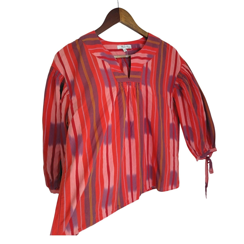 Madewell Red Boho Ikat Stripe 100% Cotton Tie Cuff Blouse Fits S M NWOT $78