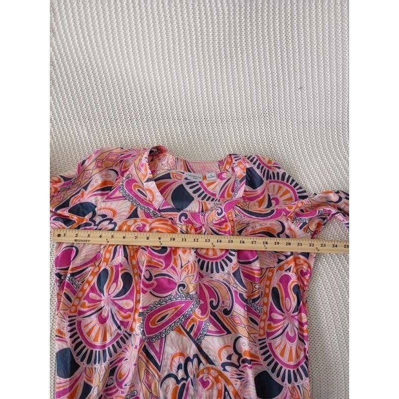 Liz Claiborne 100% Cotton Tunic Top Pink Orange Paisley 3/4 Sleeve V-Neck Fits L
