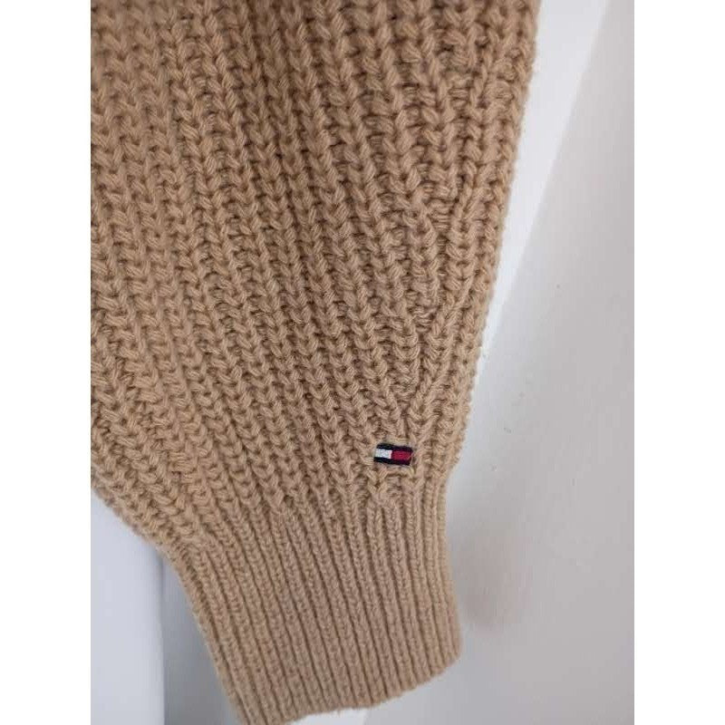 Tommy Hilfiger Elegant Camel Mock Neck Sweater 82% Lana Wool Ribbed Knit S Cozy