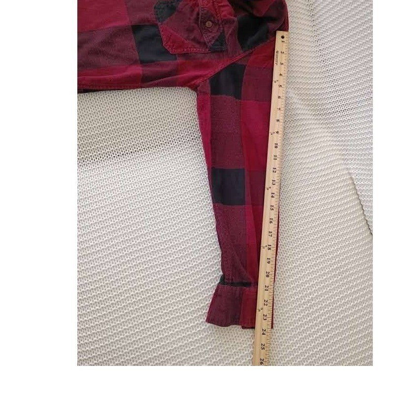 Arizona Jean Co 100% Cotton Flannel Shirt Buffalo Plaid Burgundy Blck Long Slv M