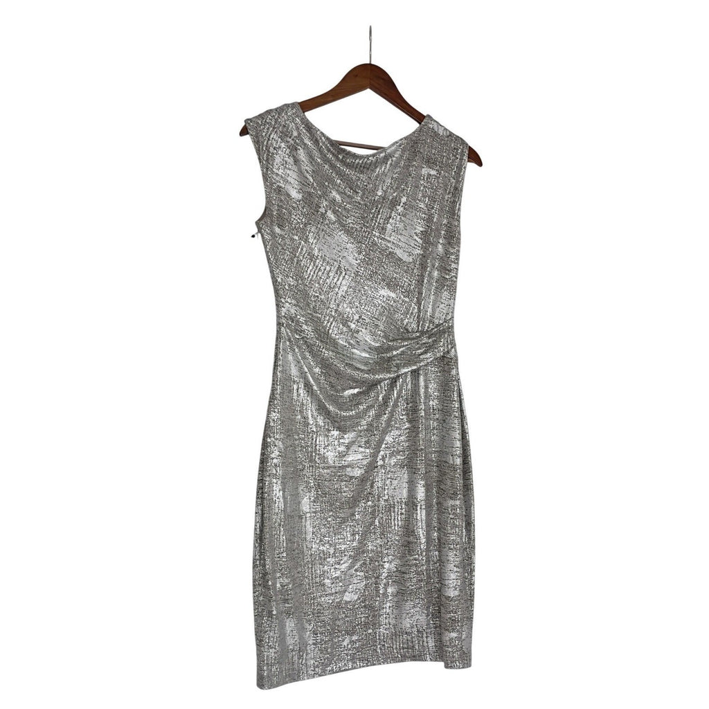 Vince Camuto Metallic Sheen Sheath Dress Silver Ruched Statement Dress M NWOT