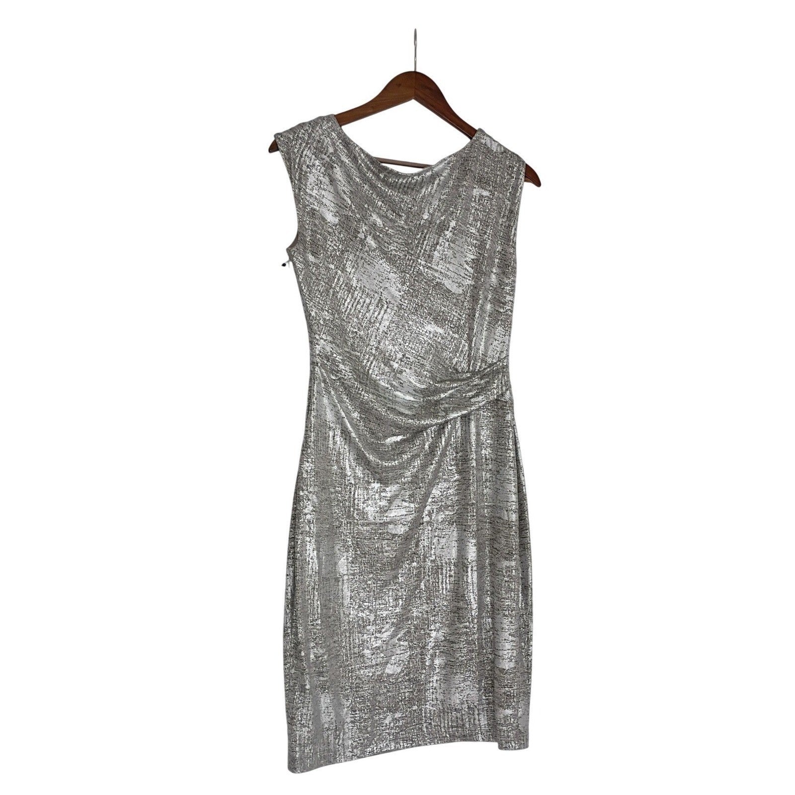 Vince Camuto Metallic Sheen Sheath Dress Silver Ruched Statement Dress M NWOT
