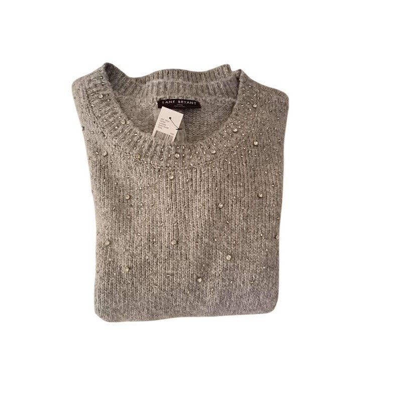 Lane Bryant NWT Sweater Plus Sz 22-24 Gray Sparkle Bead Crew Neck Long Sleeve
