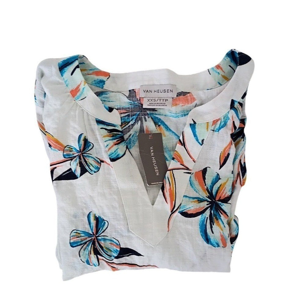 NWT Van Heusen Cotton White Floral Print 3/4 Sleeve V-Neck Top Minimalist S