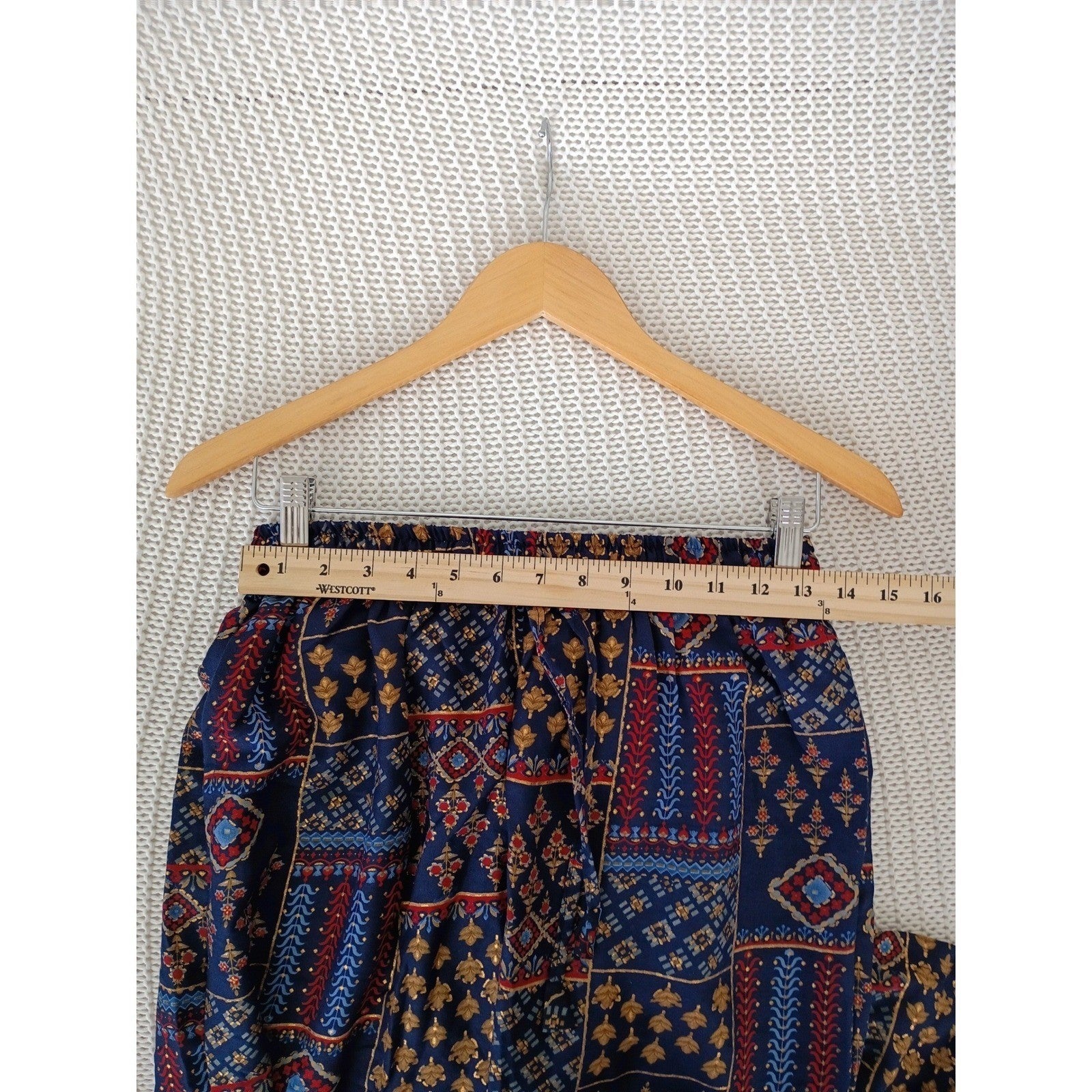 RHEA NWT Silk Blend Bohemian Patchwork Wide Leg Pants S/M Navy Red Gold Boho