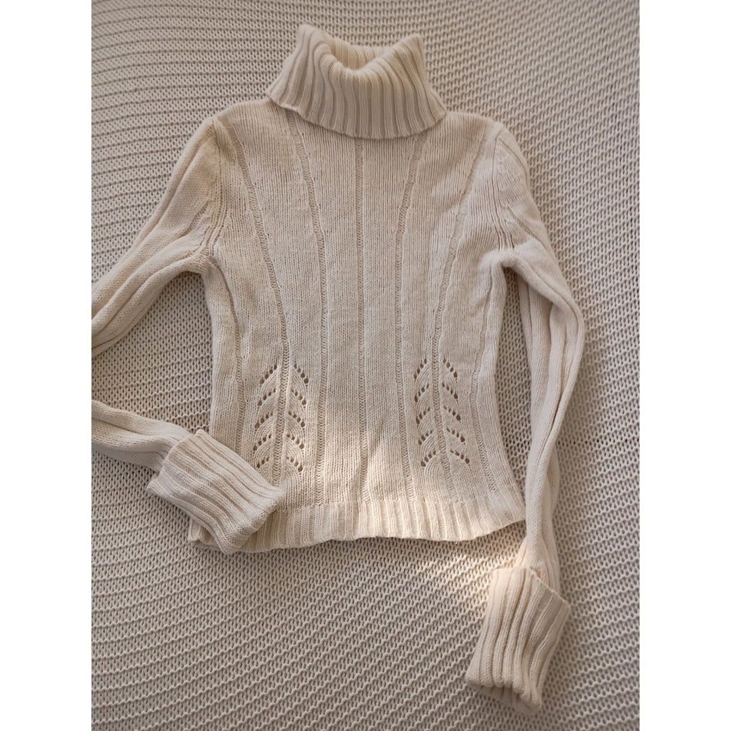 Express Y2K Ivory Ribbed Turtleneck Sweater Wool Angora Pointelle Coquette XS