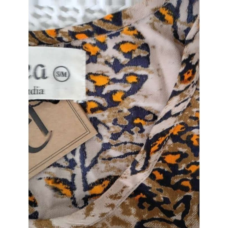 NWT RHEA Earthy Tan Orange Floral Tree Shift Dress S/M Artisan Boho Viscose