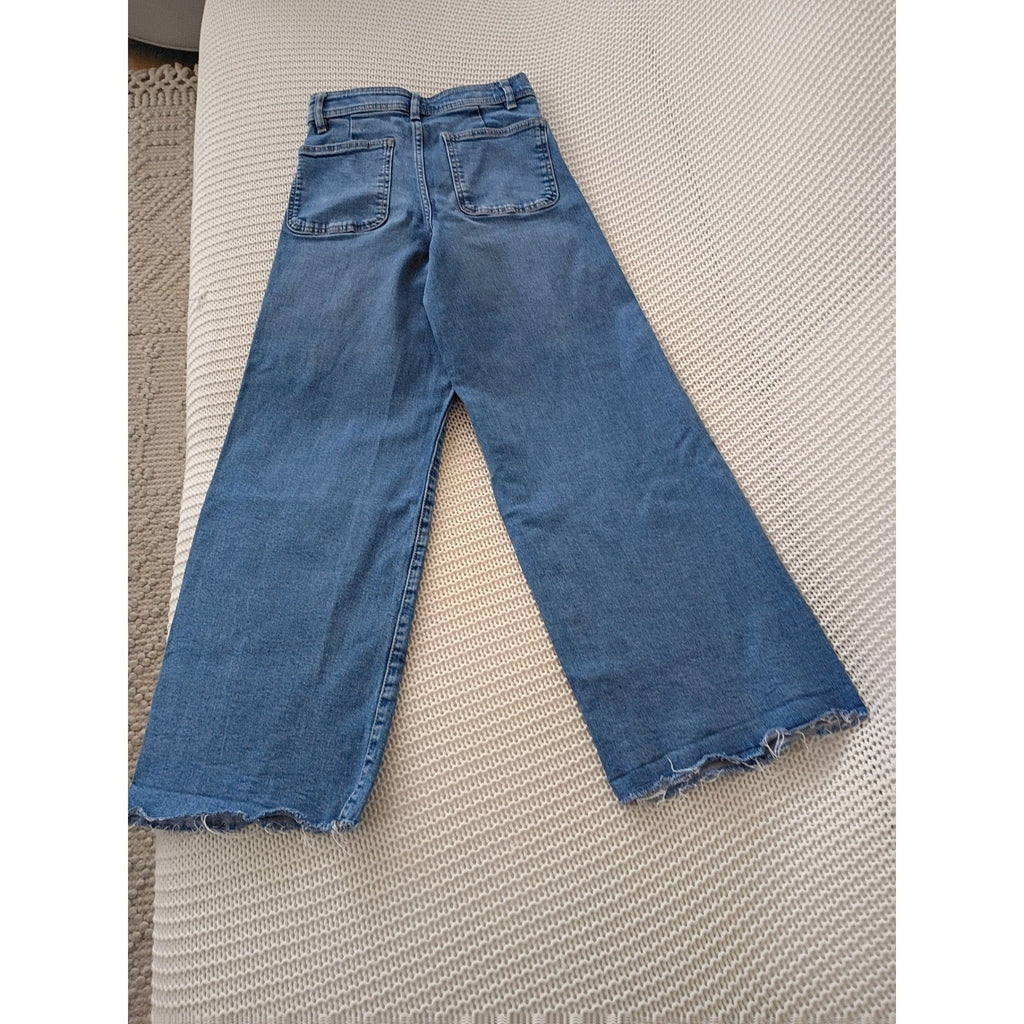 Zara High Super High Rise Wide Leg Jeans Blue Denim Frayed Hem Womens 24x28
