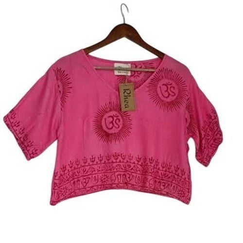 RHEA NWT Pink Mandala Block Print Crop Top S/M Boho Rayon Blouse Made In India