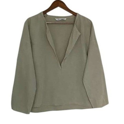 ZARA Linen Blend Tunic Khaki Green Oversized V Neck Coastal M