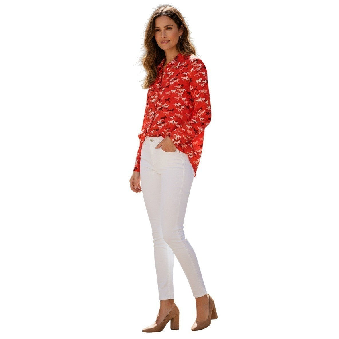 LOFT $60 Red Horse Equestrian Print Cotton Shirt Medium M Long Sleeve Preppy