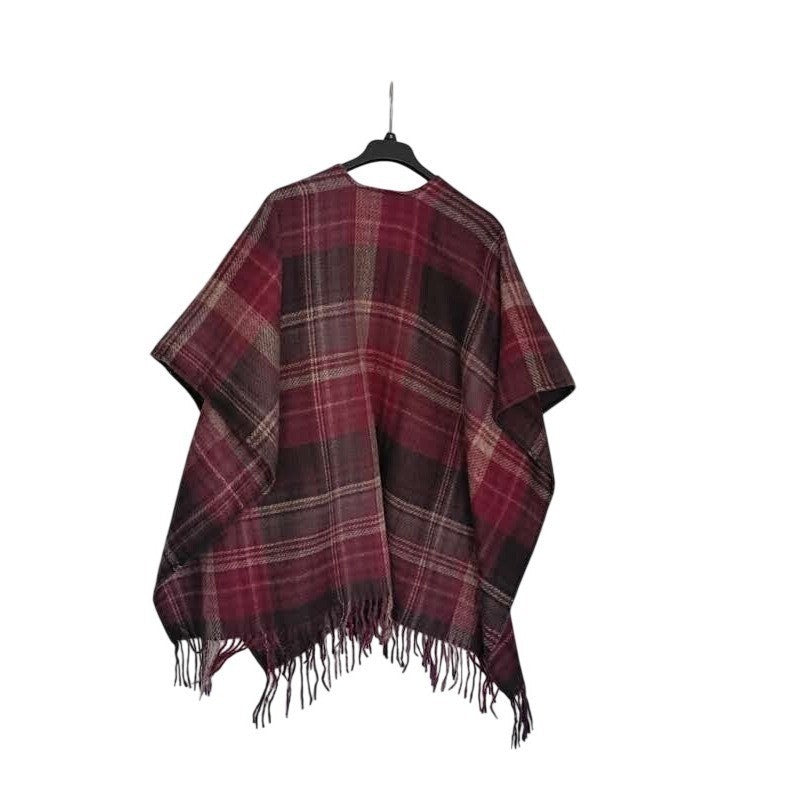Woolrich Green Label Plaid Wrap Shawl Burgundy Wine Fringed One Size Poncho