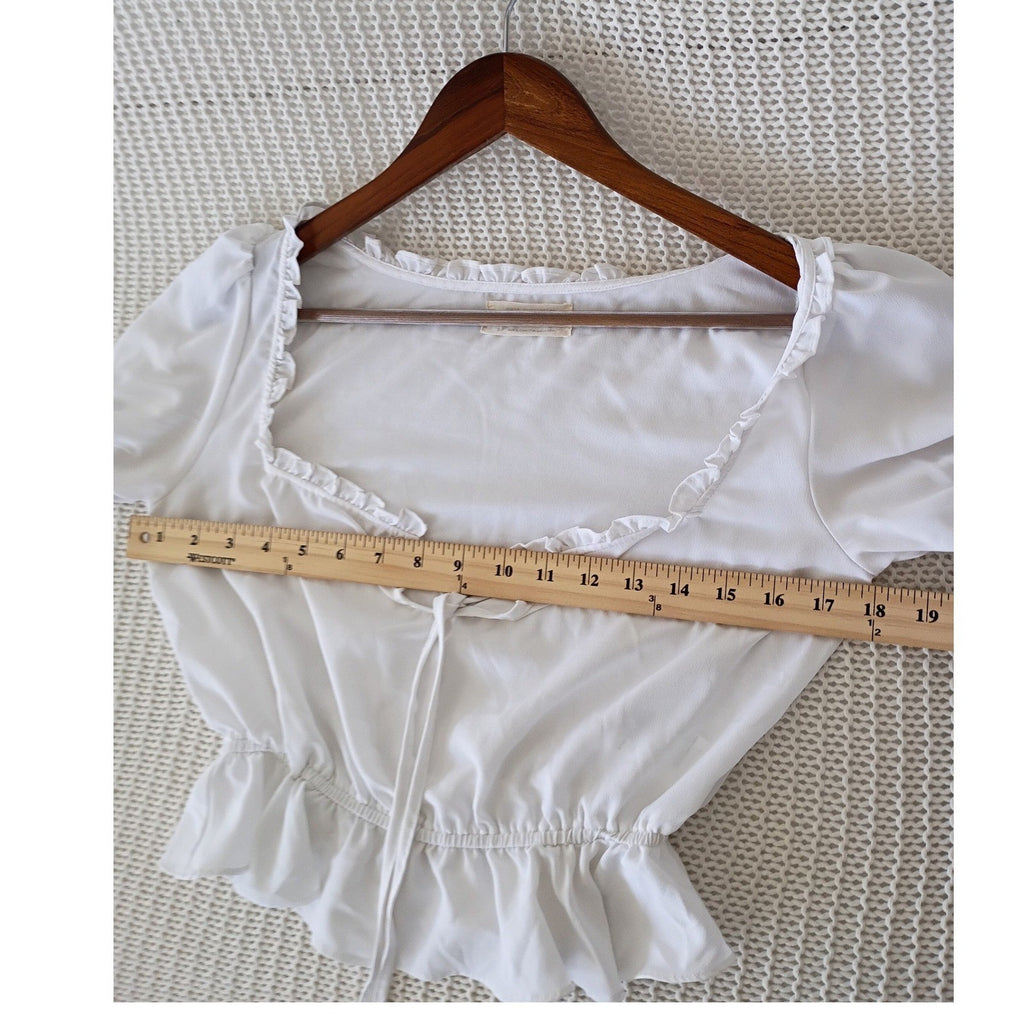 Urban Outfitters Coquette Ruffle Tie Front Puff Sleeve Crop Top White S