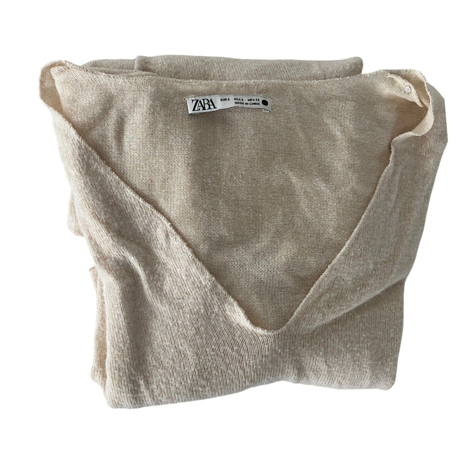 ZARA Beige Lightweight V-Neck Long Sleeve Knit Sweater Top S Sheer Minimalist