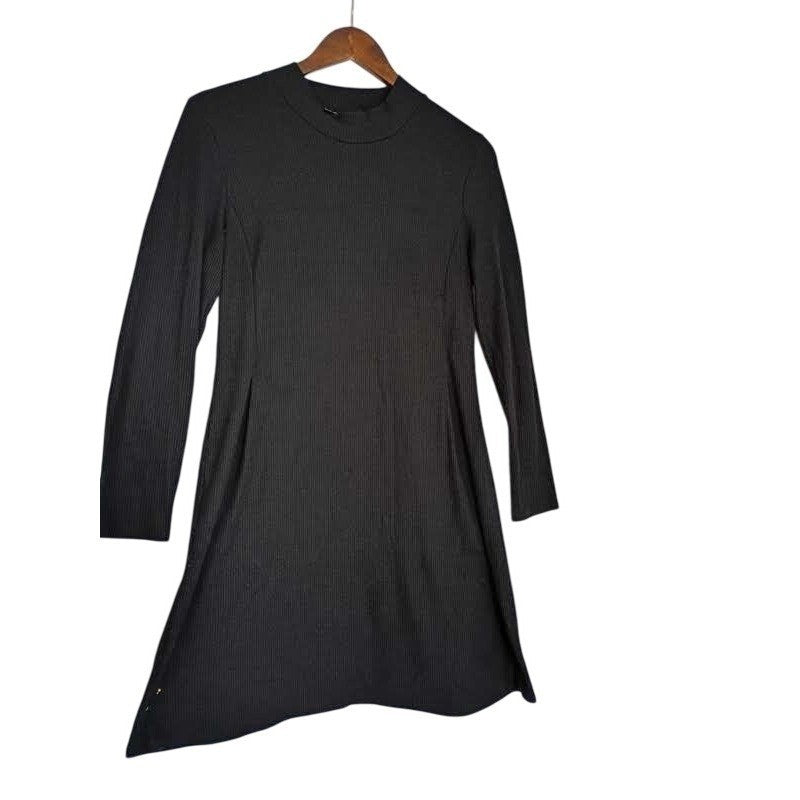 Madewell Black Ribbed Mock Neck Long Sleeve A-Line Mini Dress Minimalist M