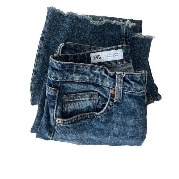 ZARA Blue Denim Cropped Bootcut Flare Jeans 28x25 Raw Hem High Rise Y2K Retro