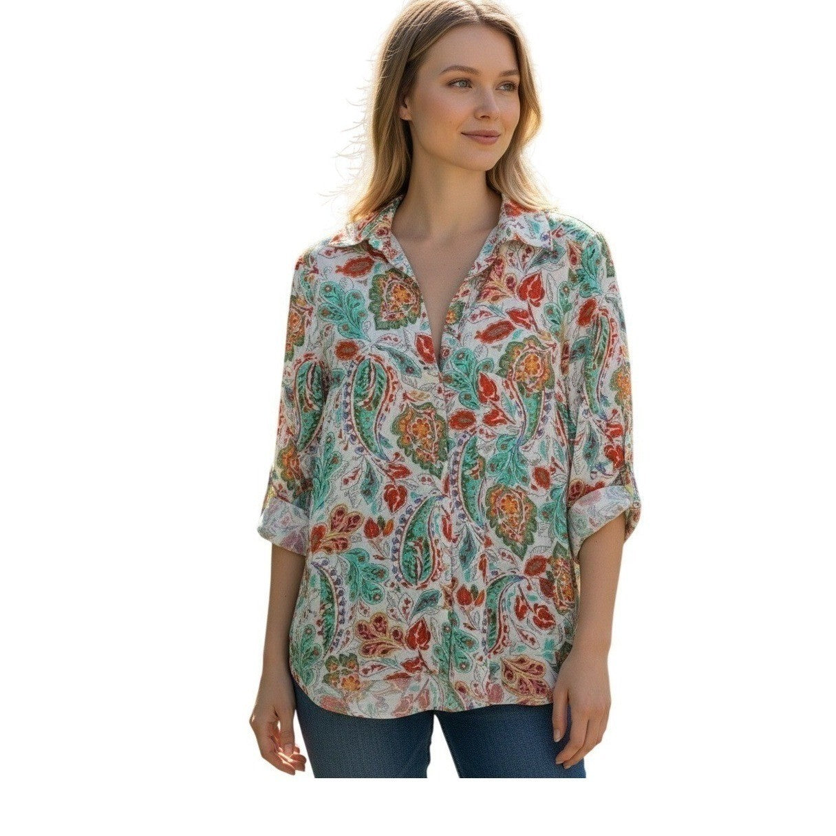Paisley Print Button Up Shirt Small White Multi Color Boho Retro Chic Zara