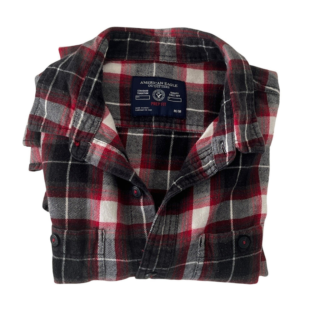 Red Black White Plaid Flannel Shirt 100% Cotton Heritage Prep Fit Large
