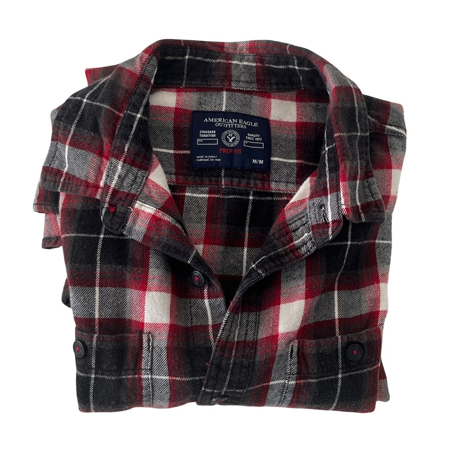 Red Black White Plaid Flannel Shirt 100% Cotton Heritage Prep Fit Large