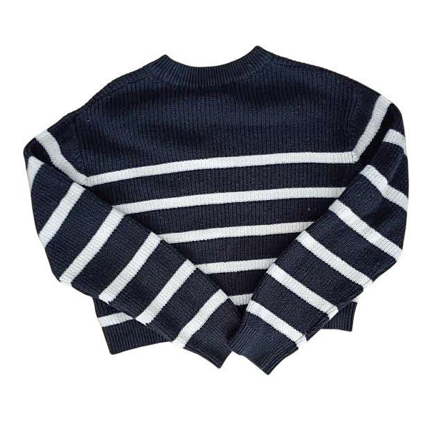 H&M Striped Coastal Cotton Blend Sweater Navy White Crew Neck Fits S/M Ribbed